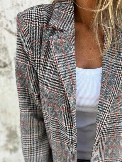 Full Size Plaid Single-Breasted Long Sleeve Blazer Plus Size