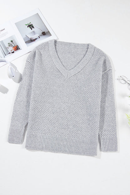 Solid Eyelet V-Neck Drop Shoulder Sweater