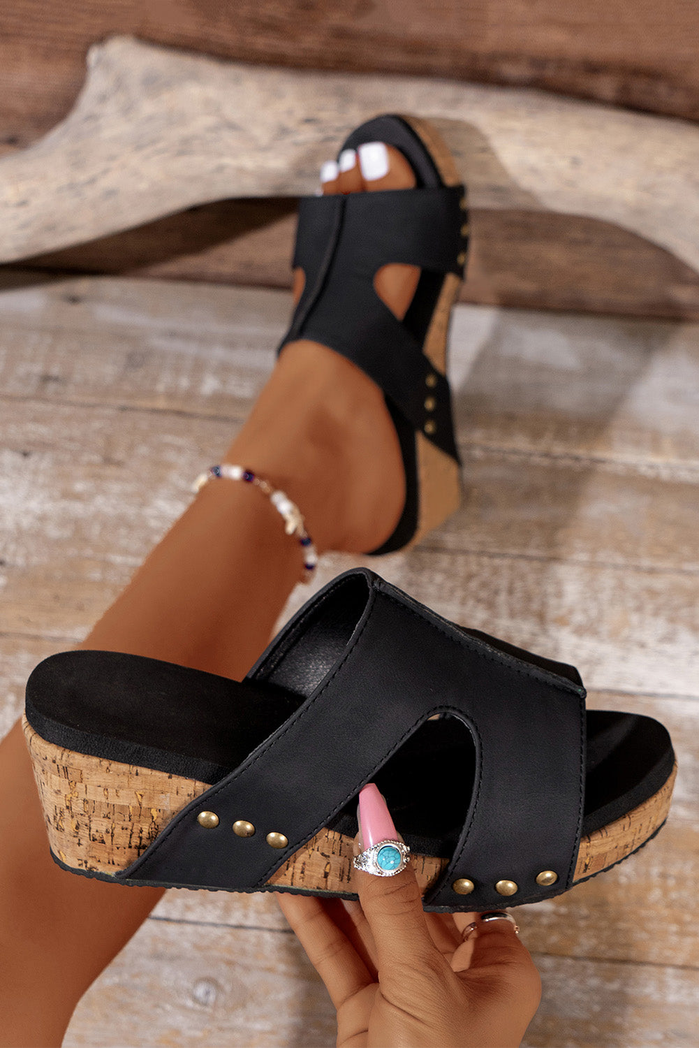 Black Cut Out Rivet Slip-on Wedge Sandals