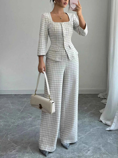 Plaid Square Neck Button Up Top and Pants Set