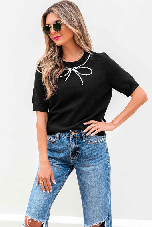 Bria Pearl Bow Short Sleeve Knitted Top