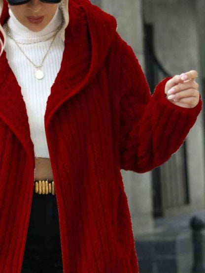 Women Open Front Ribbed Hooded Coat