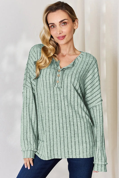 Basic Bae Full Size Ribbed Half Button Long Sleeve Women's T-Shirt - The Eggy's store