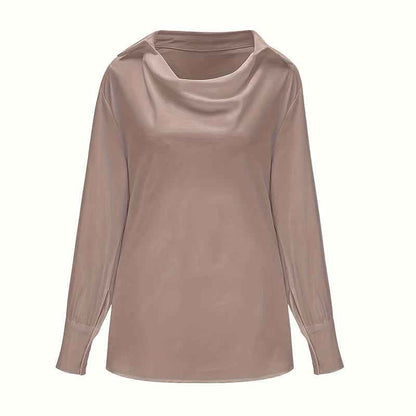 Women's Solid Color Long Sleeve Cowl Neck Blouse With Draped Detail - Elegant Office Formal Shirt For Spring&Fall