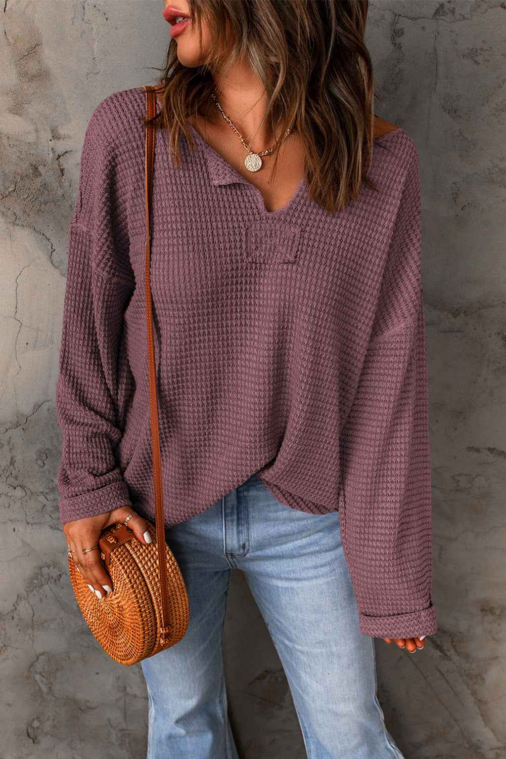 Solid Waffle Knit Long Sleeve Top