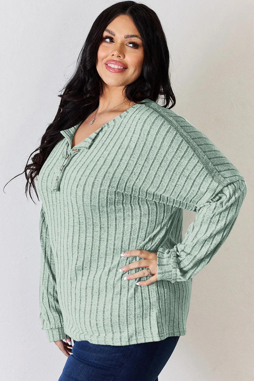 Basic Bae Full Size Ribbed Half Button Long Sleeve Women's T-Shirt - The Eggy's store