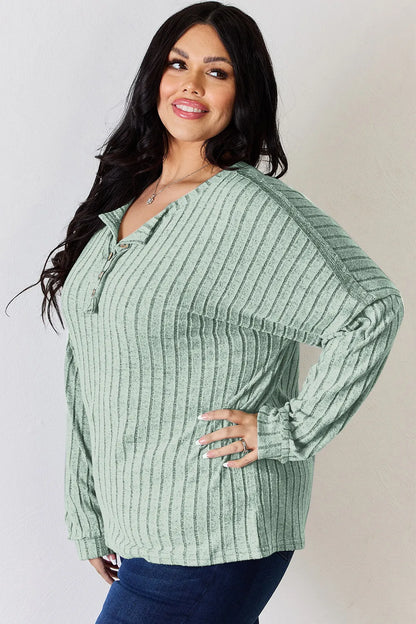 Basic Bae Full Size Ribbed Half Button Long Sleeve Women's T-Shirt - The Eggy's store