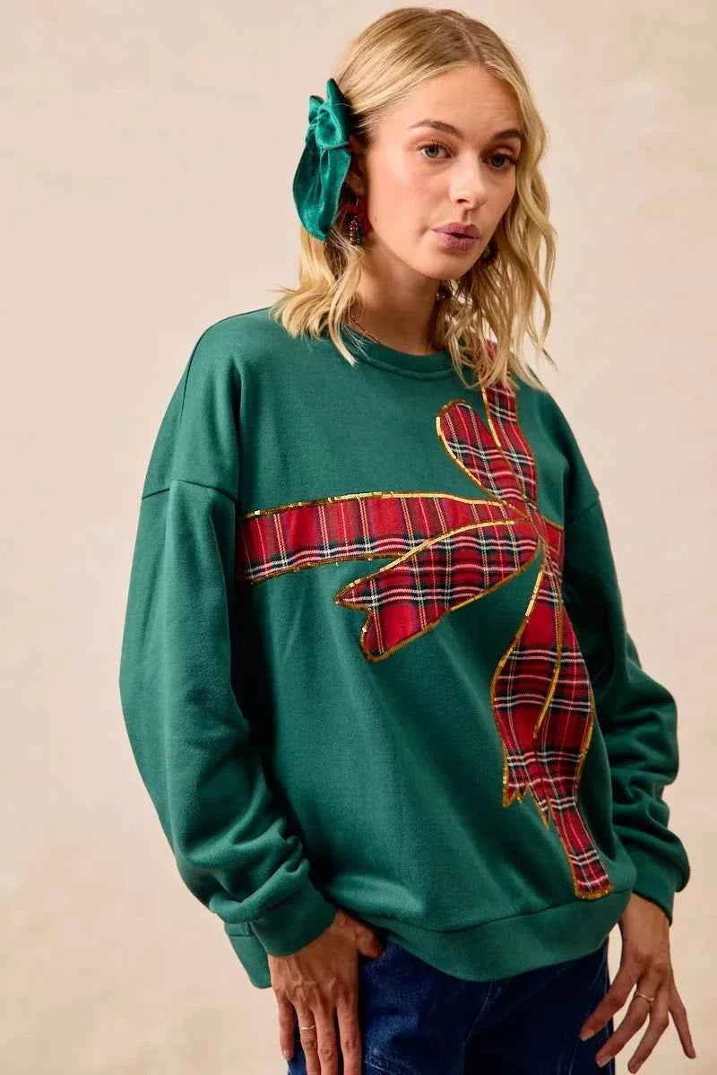 BiBi Plaid Ribbon Bow Detail Christmas Fleece Women's Sweatshirt