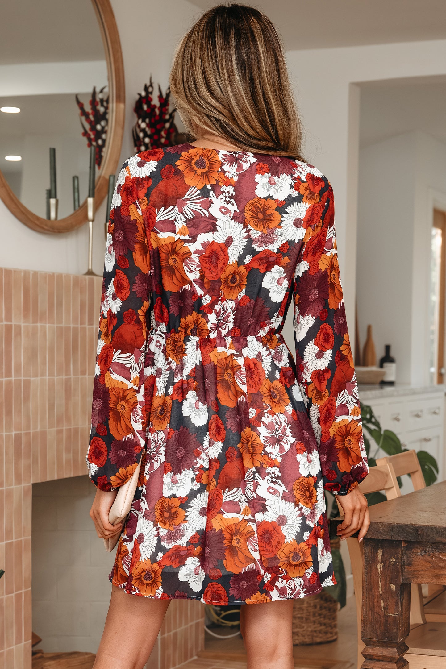 Red Floral Wrap V-Neck Puff Sleeve Mini Dress