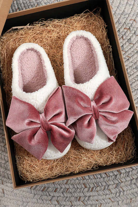 White Glister Ribbon Bow Decor Contrast Liner Plush Slippers – Cozy Slip-On