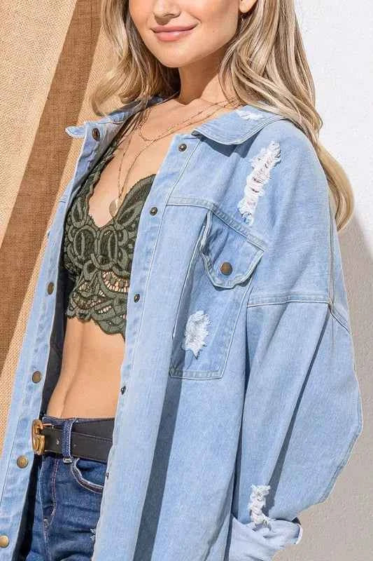 And The Why Button Front Flap Pocket Ripped Denim Jacket
