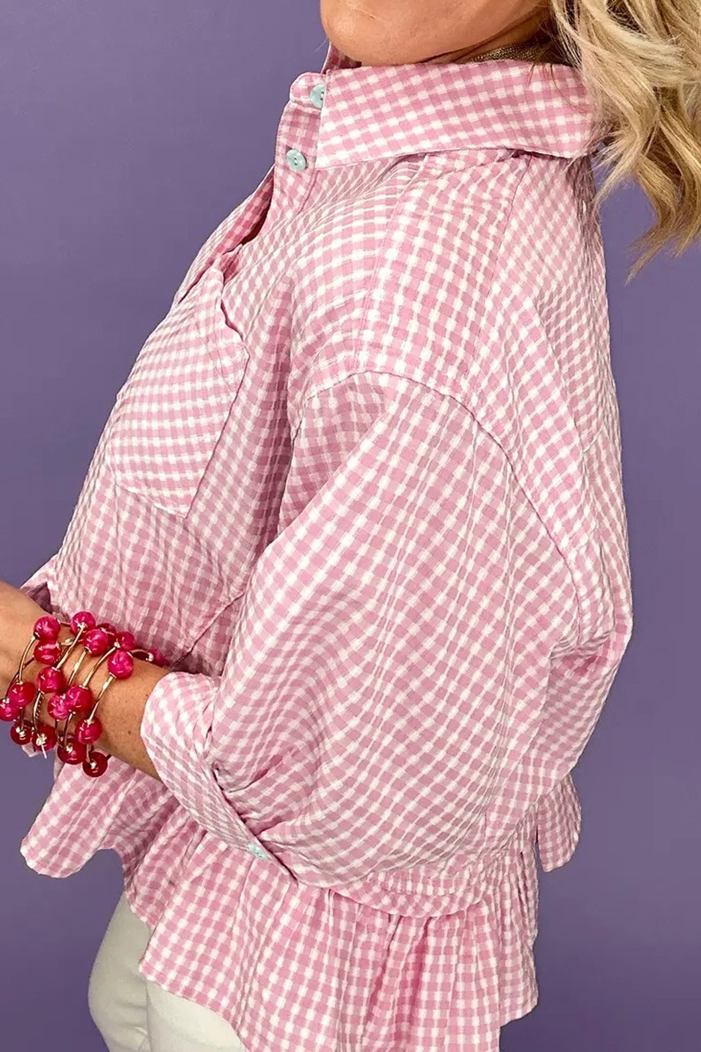 Pink Plaid Half Sleeve Ruffle Hem Button Down Blouse