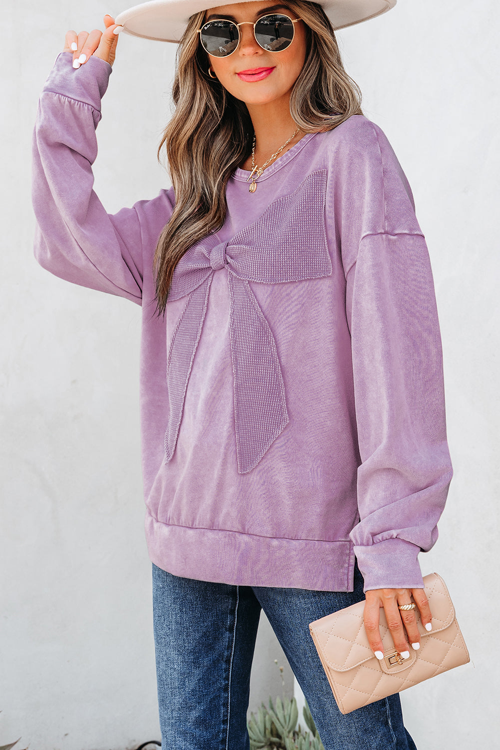 Light French Beige Mineral Wash Big Bow Patchwork Pullover Women's Sweatshirt