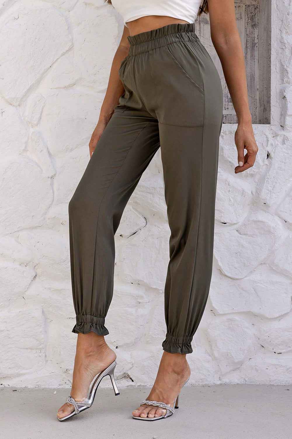 Gathered Waist Women's Pants with Pockets
