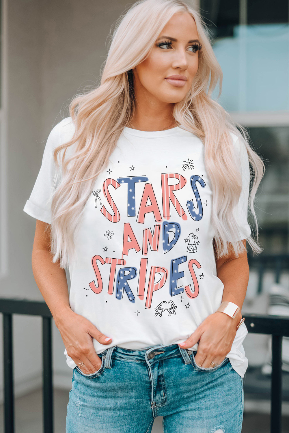 Stars & Stripes Crew Neck Graphic T-Shirt – Women's Patriotic Tee in White