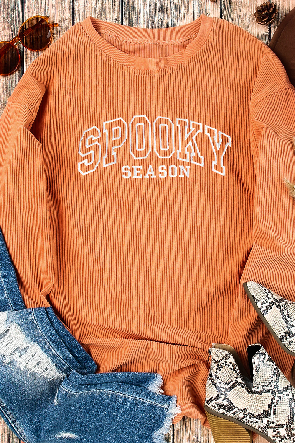 Spooky Season Embroidered Twisted Ribbed Pullover Sweatshirt