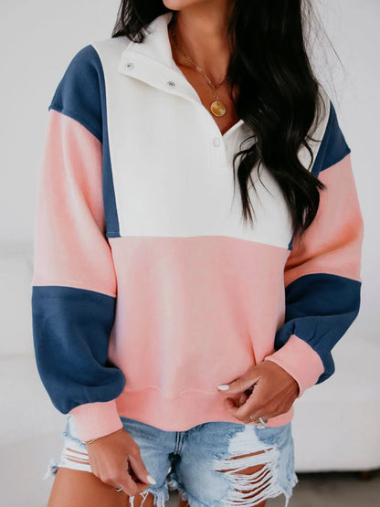 Colorblock Patchwork Half Button Women's  Sweatshirt