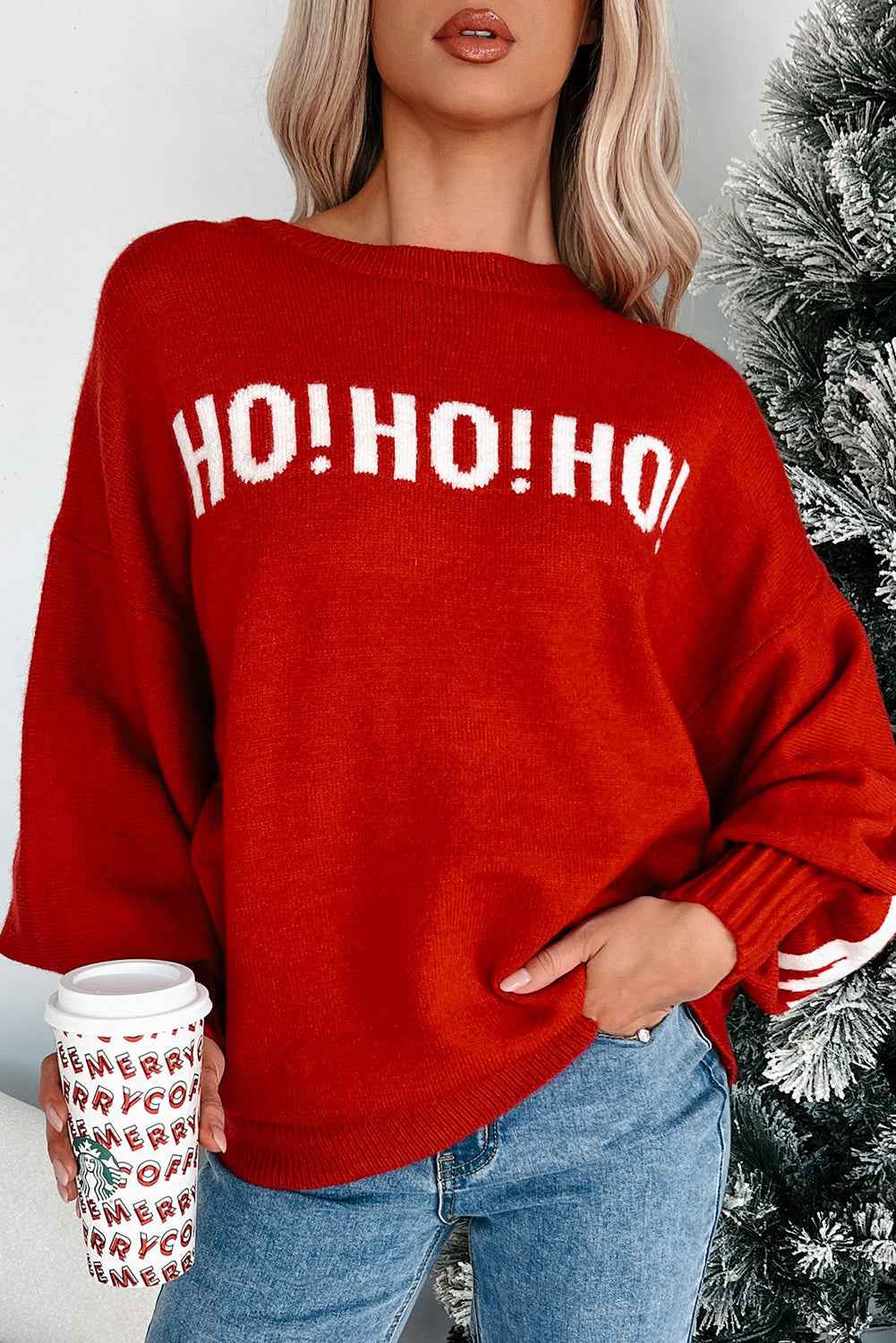 Fiery Red Merry Christmas Ho Ho Ho Drop Shoulder Loose Sweater