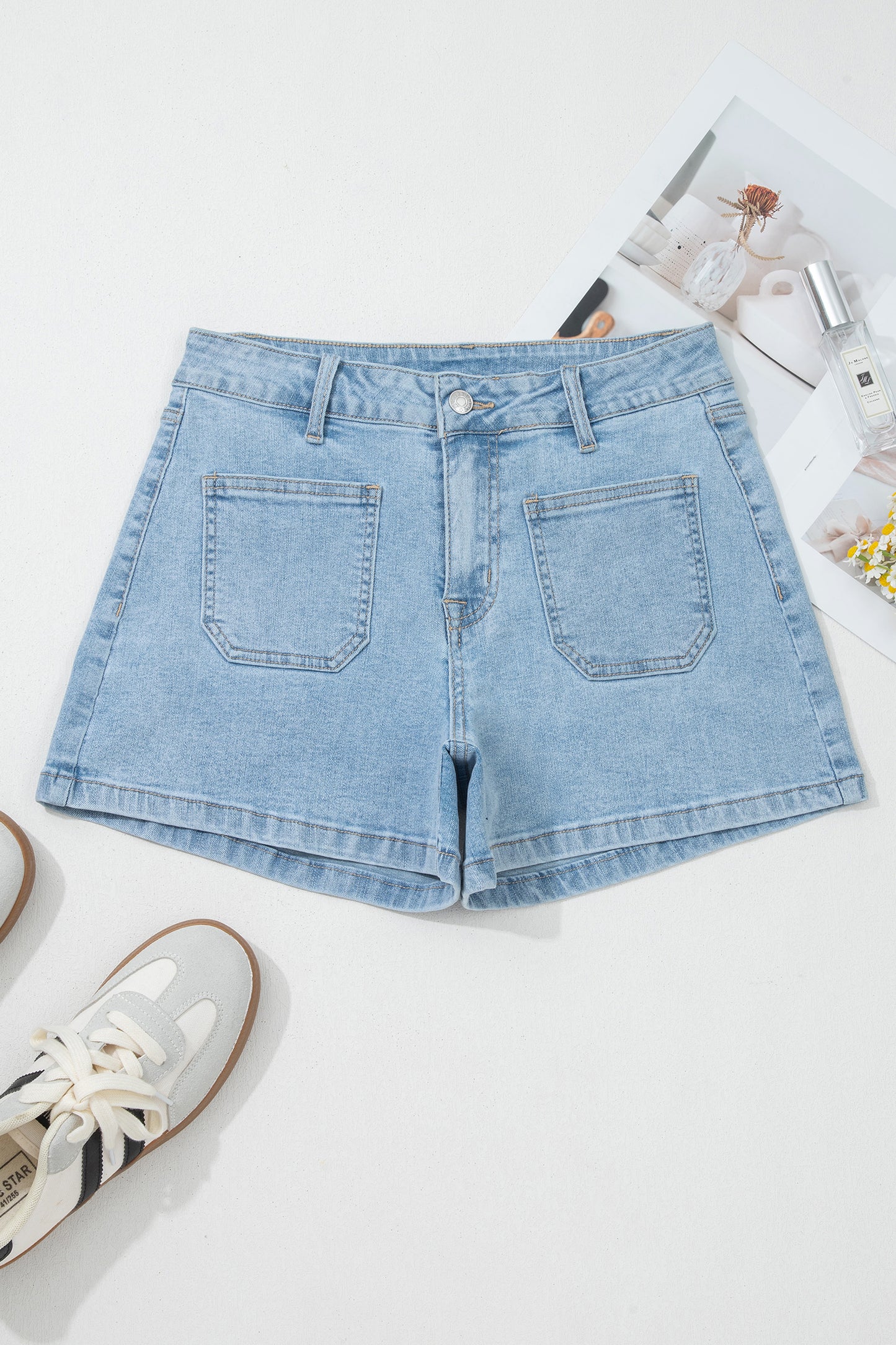 Myosotis High Rise Patch Pocket Denim Shorts – Casual Summer Jean Shorts