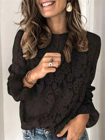 Plus Size Floral Lace Flounce Sleeve Blouse