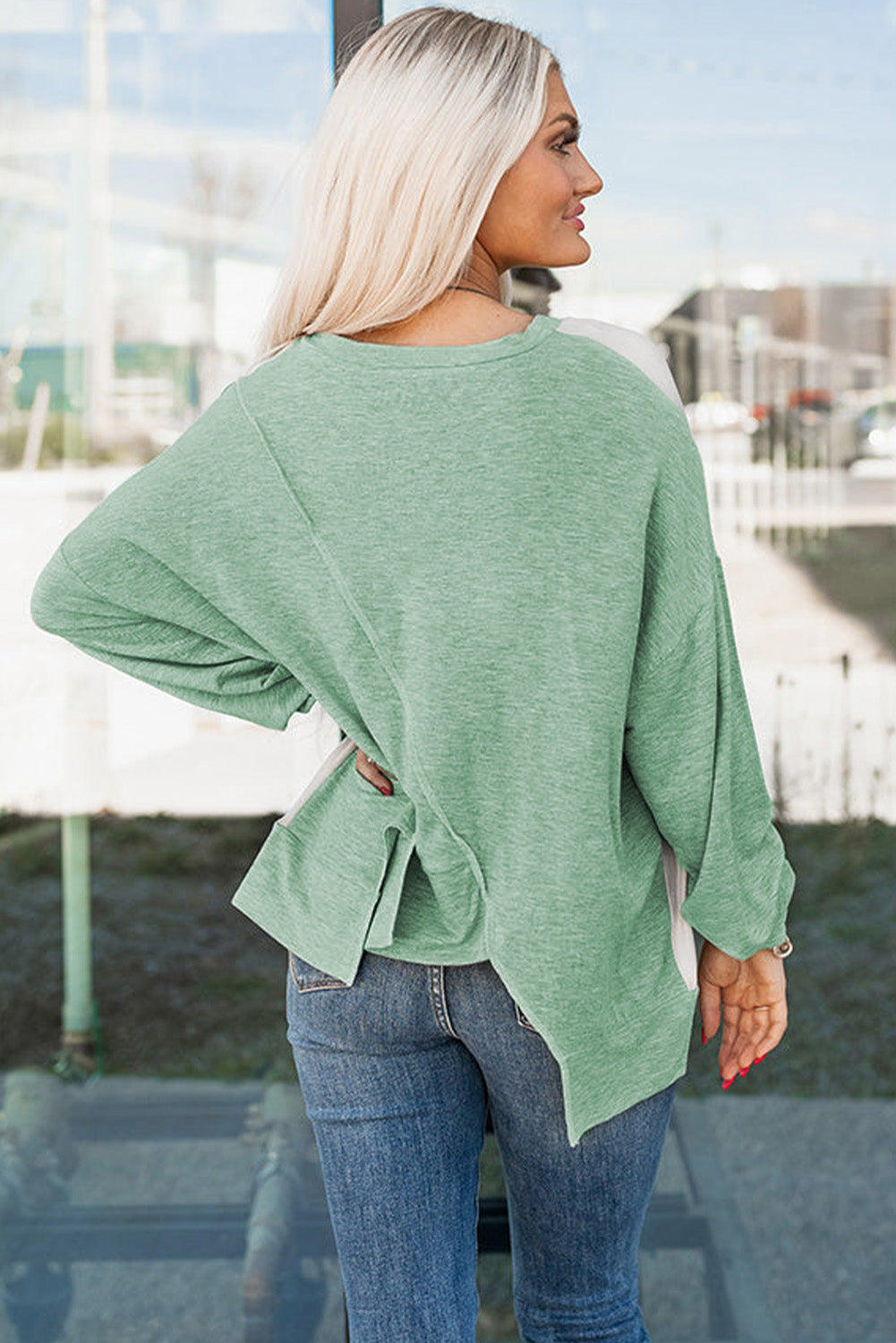 Khaki Colorblock Stitching Irregular Hem Long Sleeve Women's Top