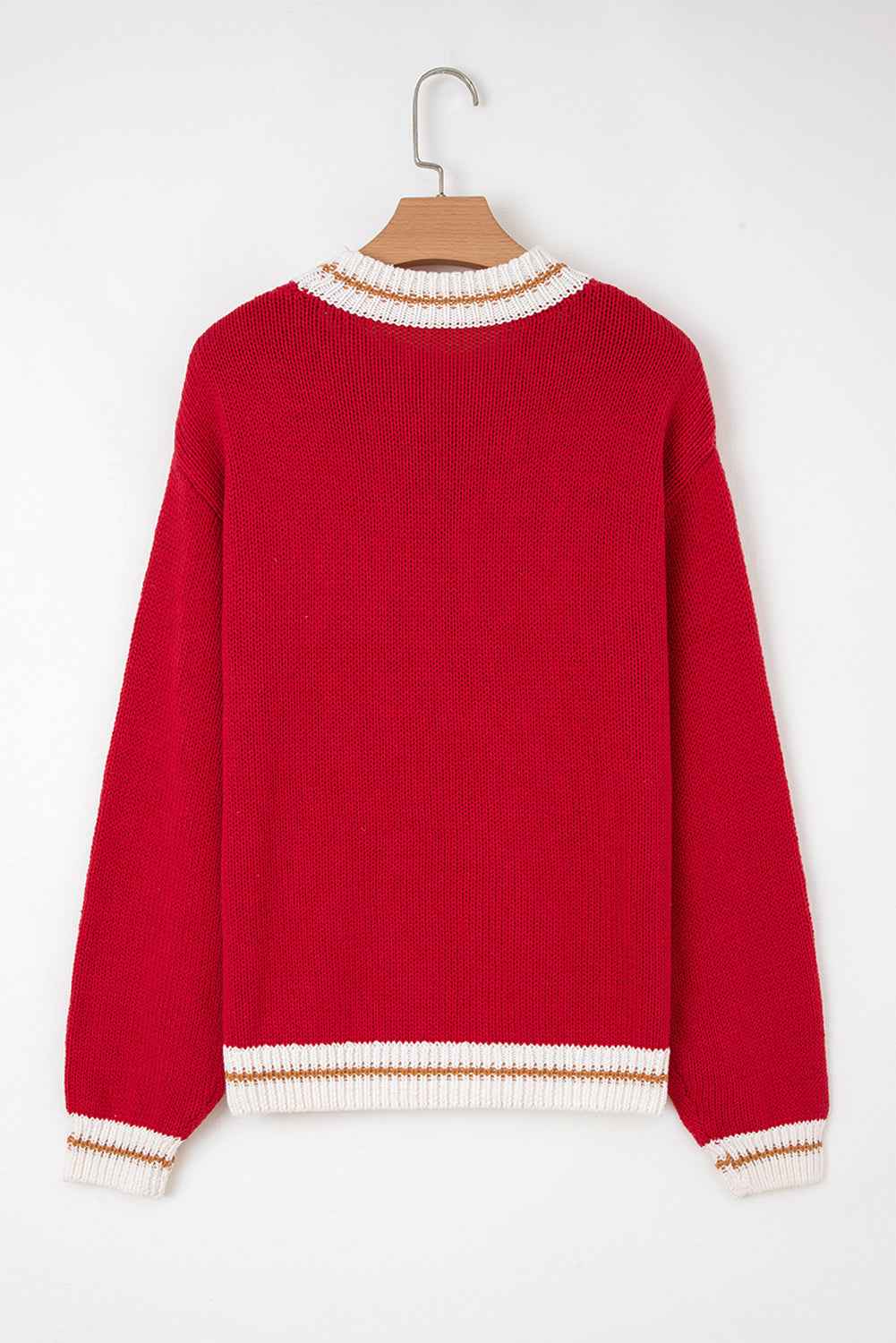 Fiery Red Merry Pattern Colorblock Edge Drop Shoulder Cozy Sweater