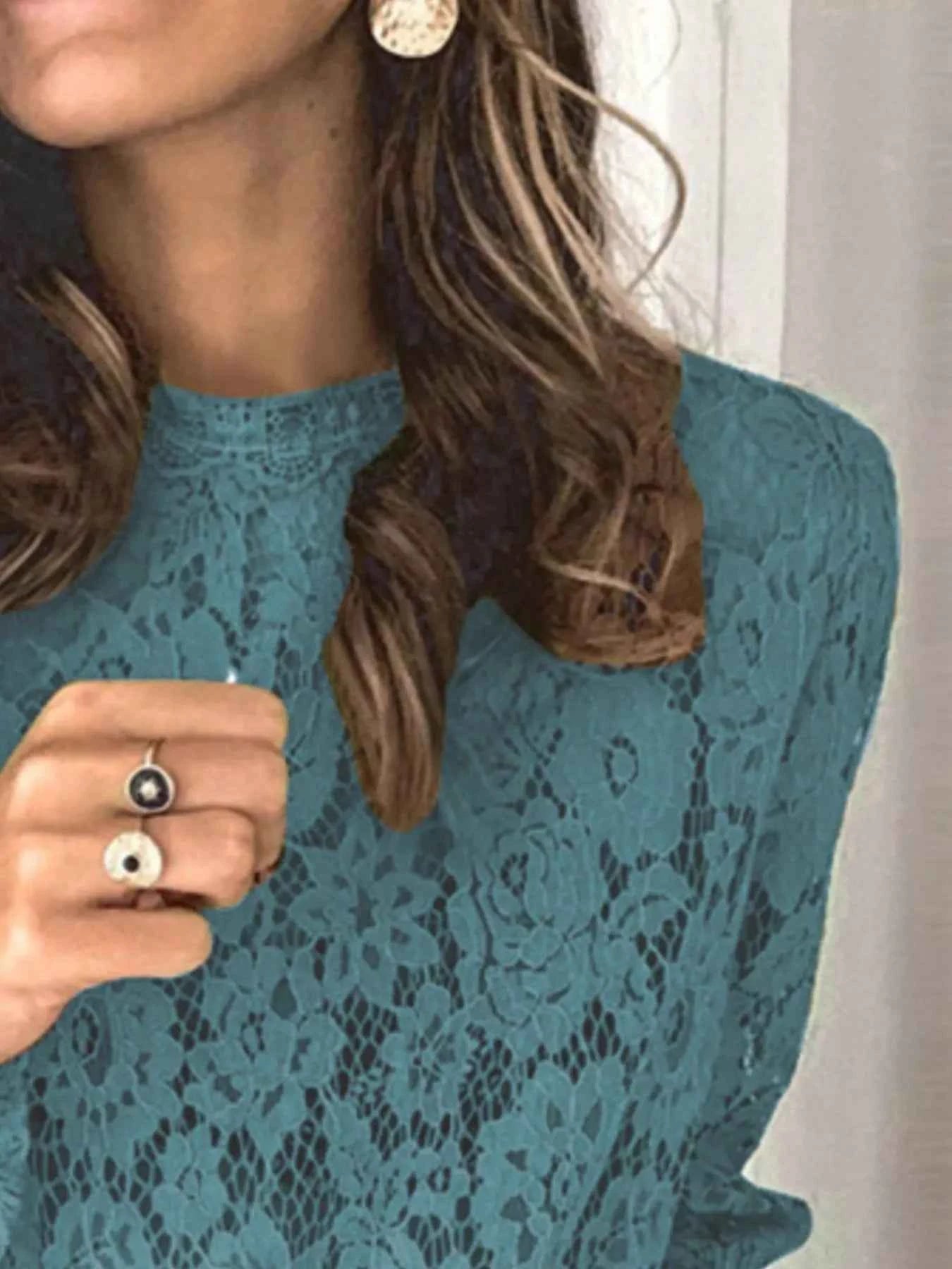 Plus Size Floral Lace Flounce Sleeve Blouse