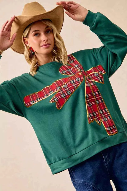 BiBi Plaid Ribbon Bow Detail Christmas Fleece Women's Sweatshirt