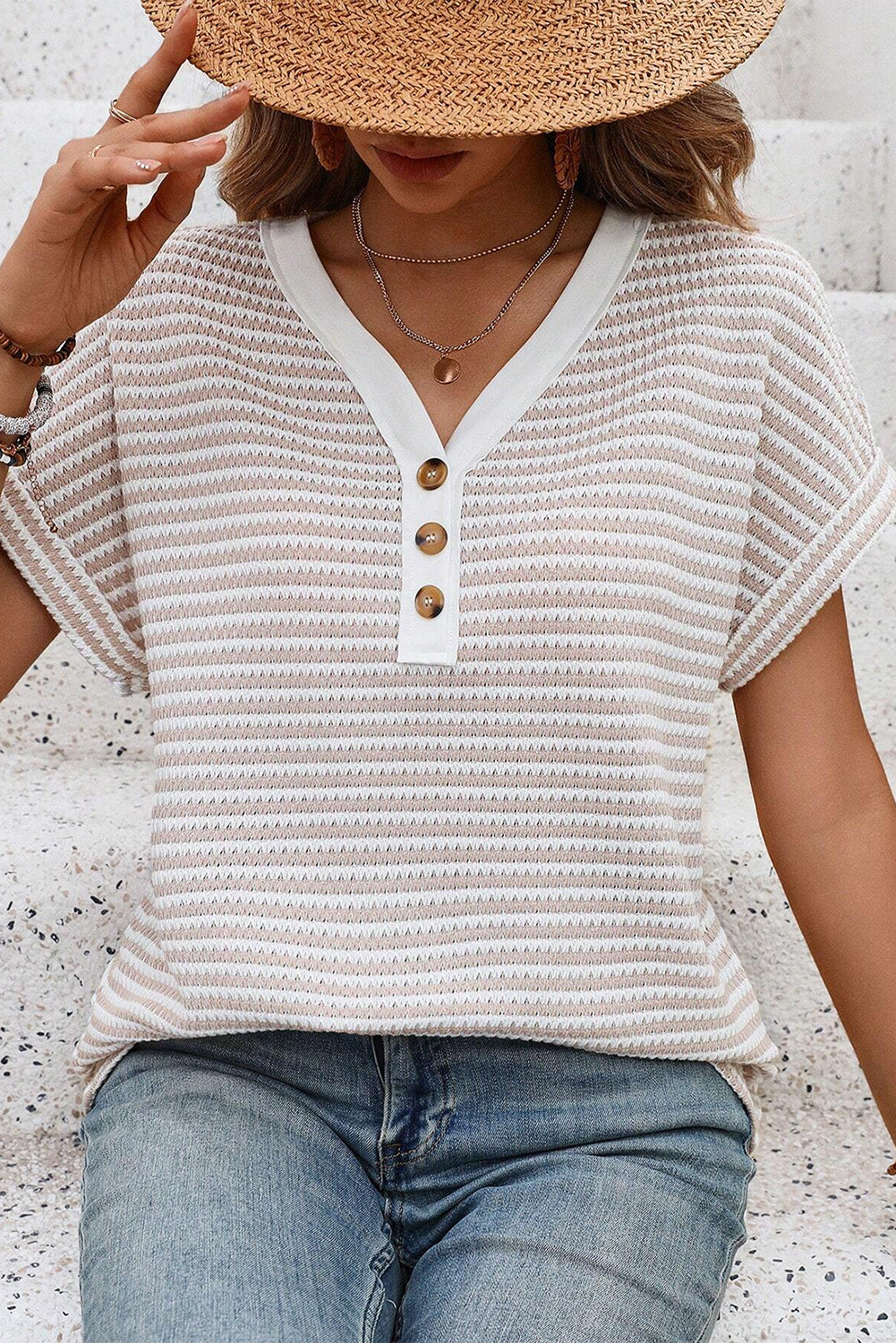 Khaki Striped Button Front V Neck Knitted Women's Top - The Eggy's store