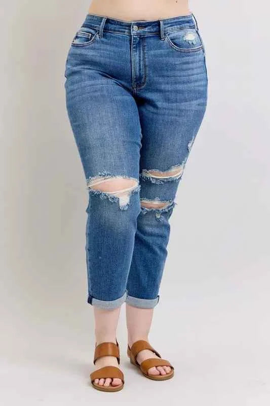 Judy Blue Full Size Mr Vintage Wash Boyfriend Fit W/ Destroy Jeans Plue Size