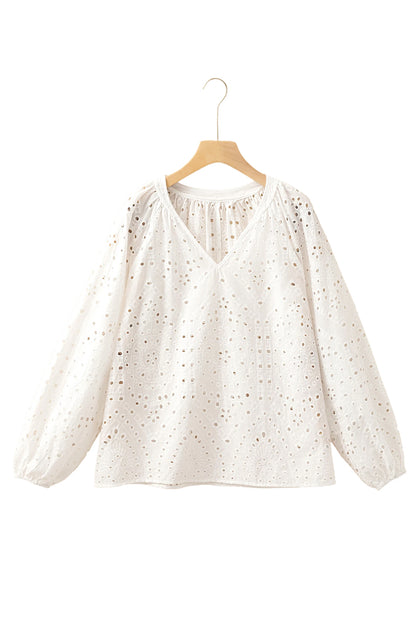 White Eyelet Embroidered Puff Sleeve V Neck Blouse - The Eggy's store