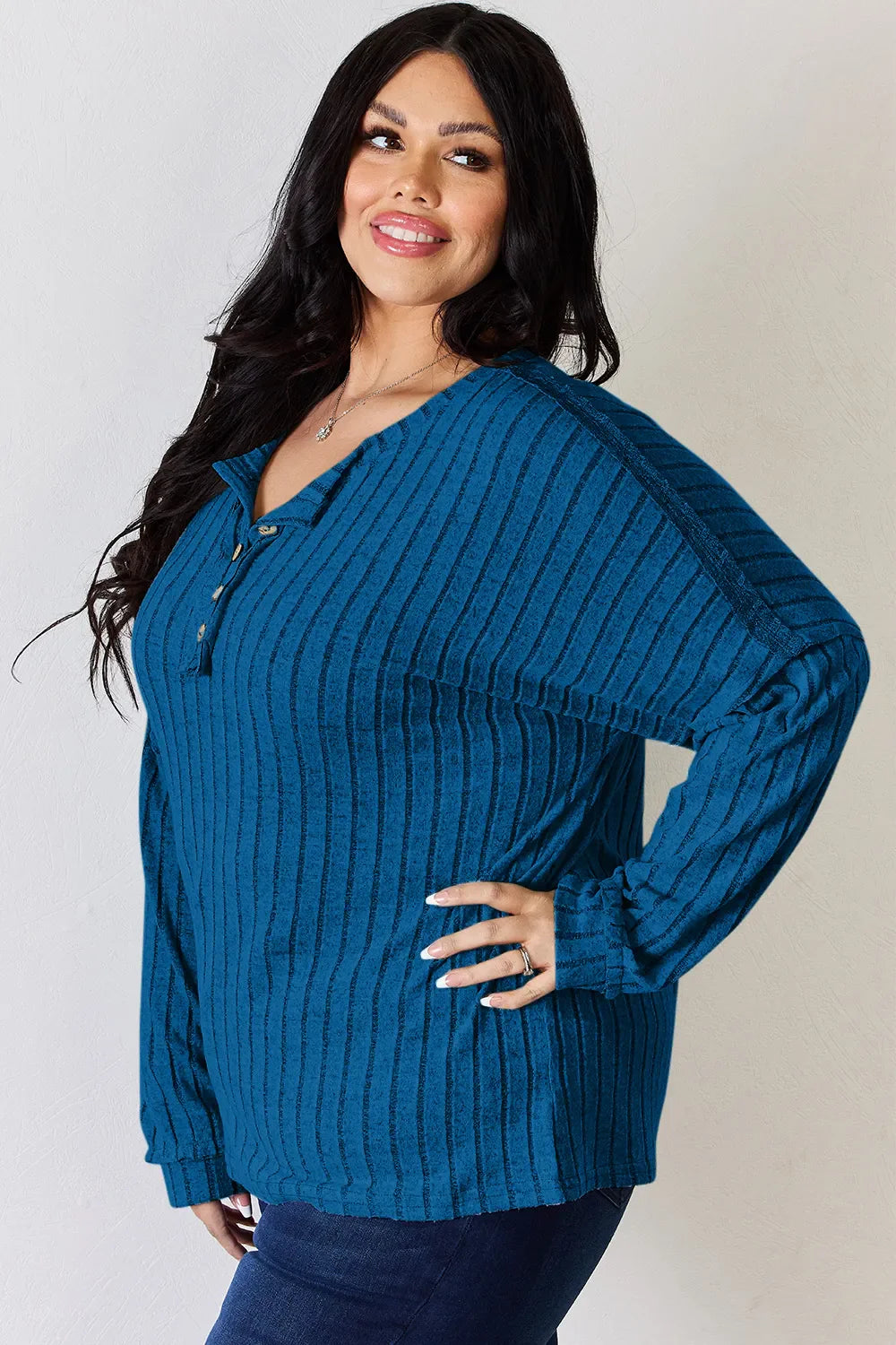 Basic Bae Full Size Ribbed Half Button Long Sleeve Women's T-Shirt - The Eggy's store
