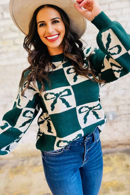 Checker Bow Crewneck Sweater