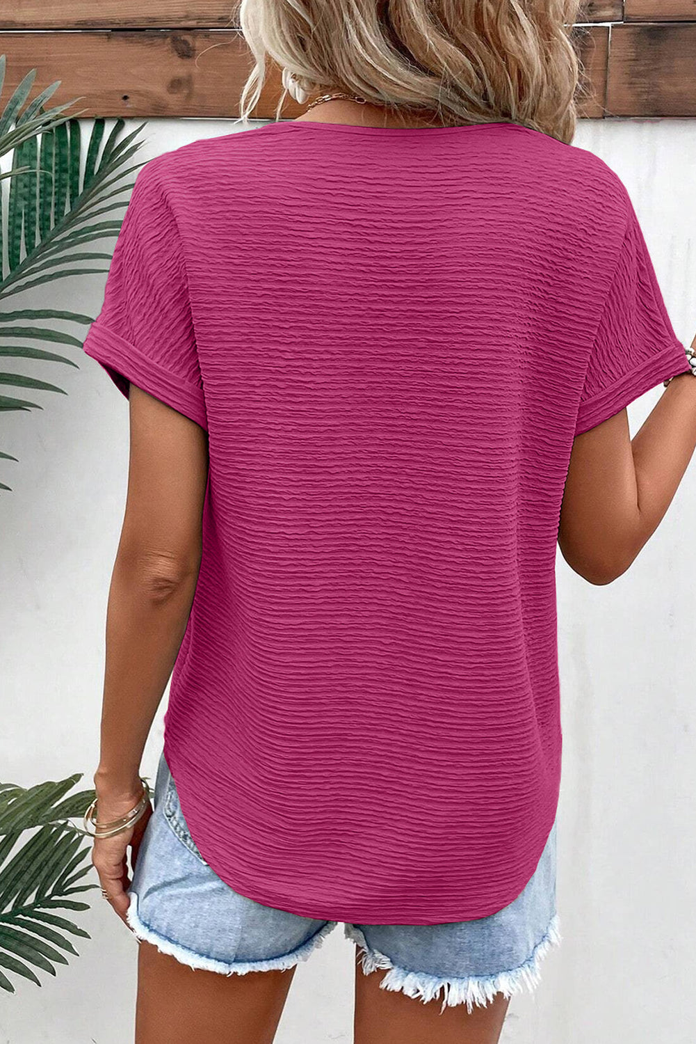 Pale Khaki Textured Wide Sleeve V Neck Women's T Shirt