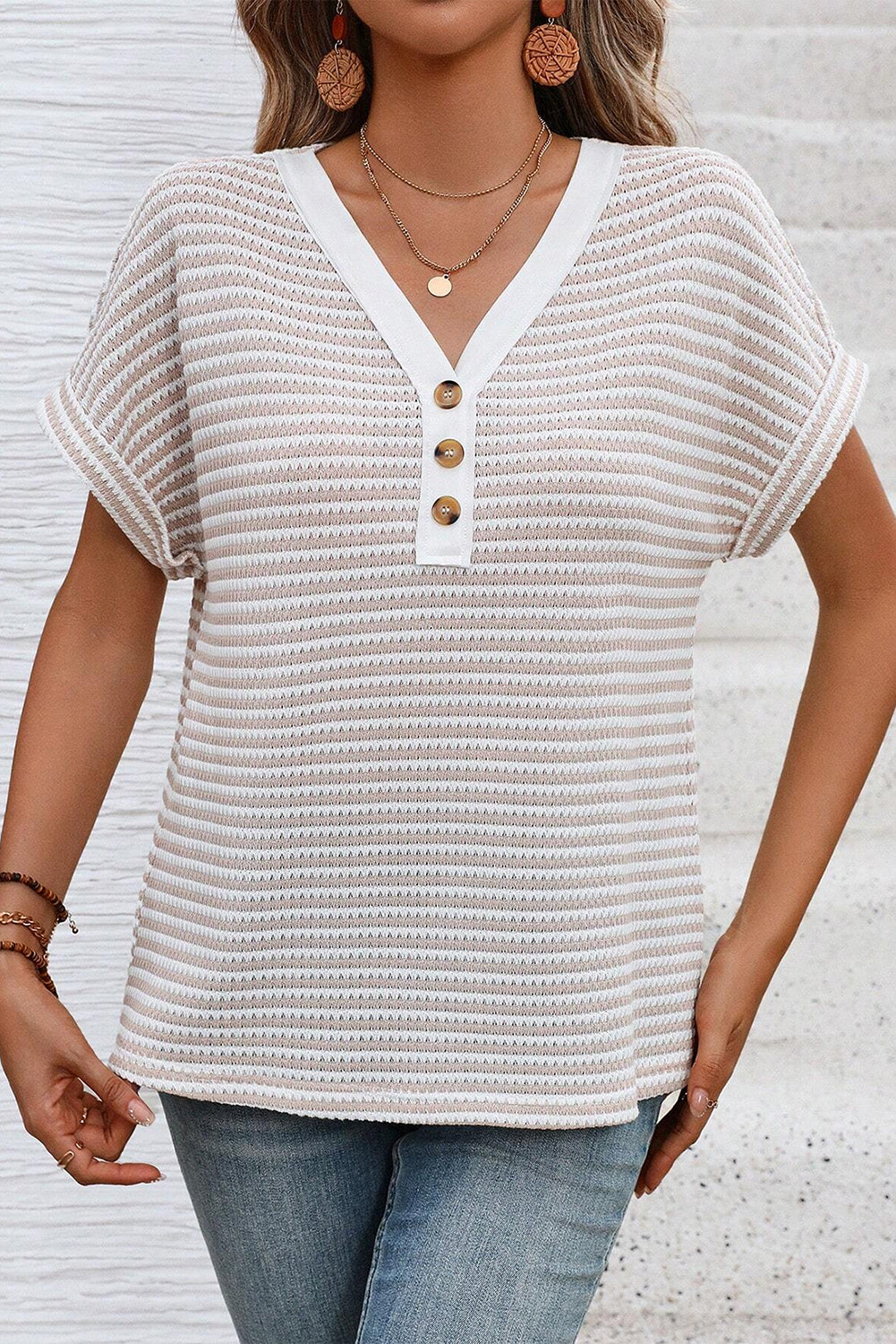 Khaki Striped Button Front V Neck Knitted Women's Top - The Eggy's store