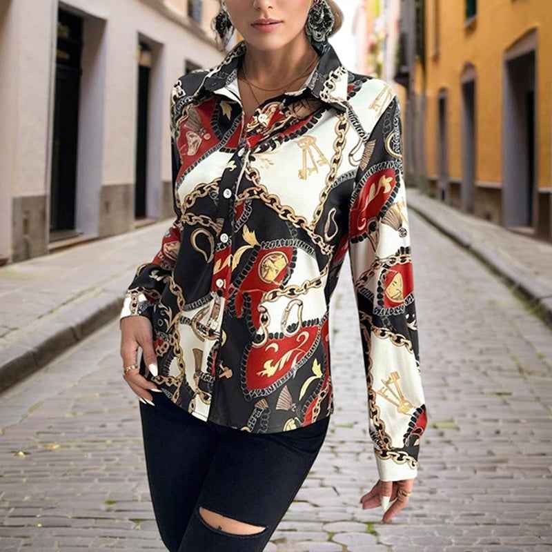 Women's Lapel Long Sleeve Shirt - Fitted Cut Intricate Print Button-Up Design Casual Spring&Fall Wear