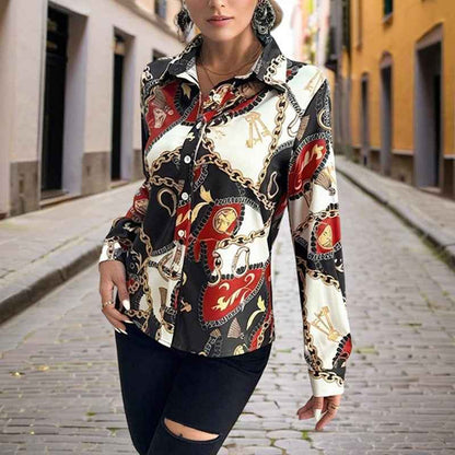 Women's Lapel Long Sleeve Shirt - Fitted Cut Intricate Print Button-Up Design Casual Spring&Fall Wear