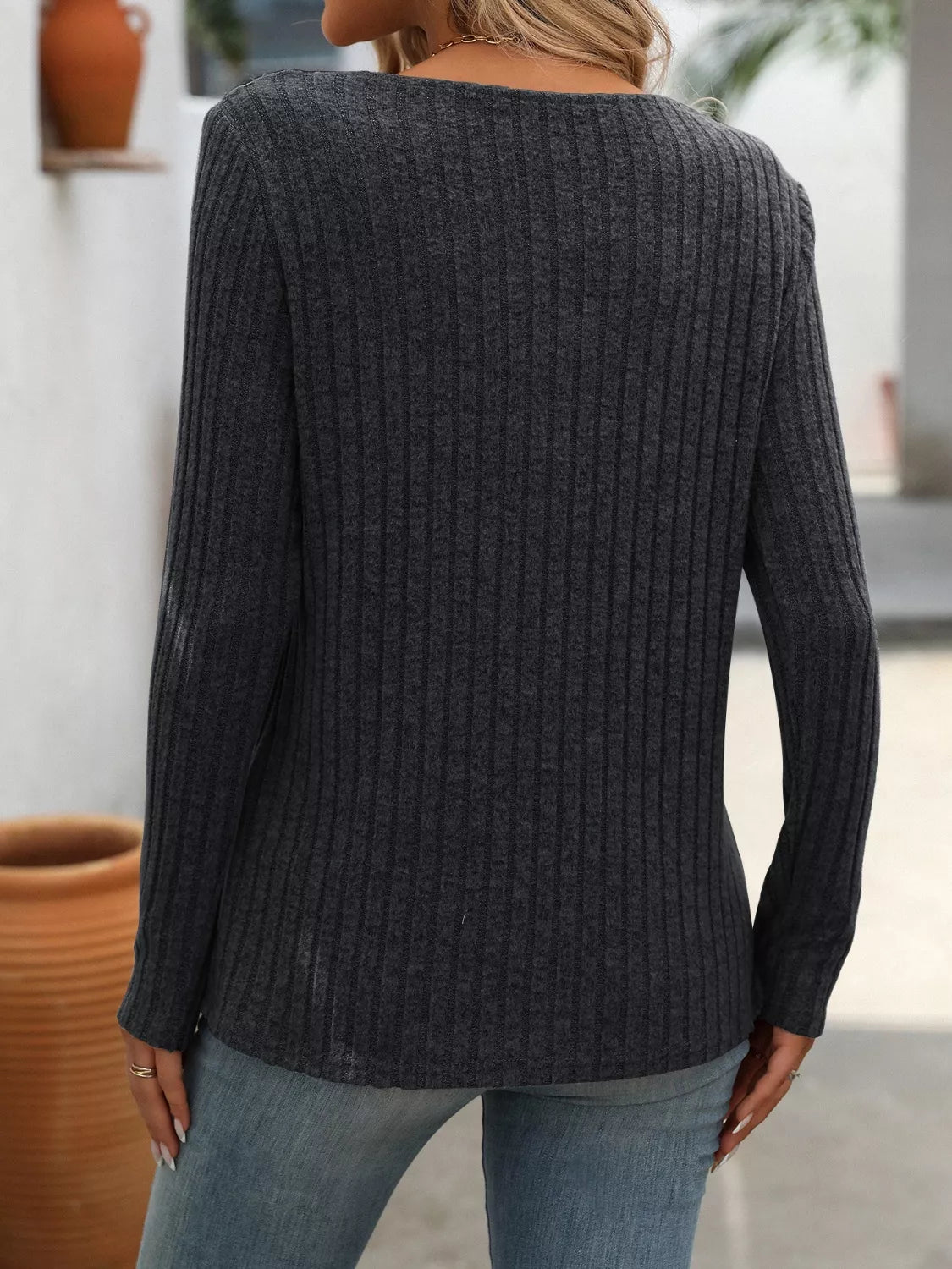 Ribbed Knit Long Sleeve Button Detail Sweater
