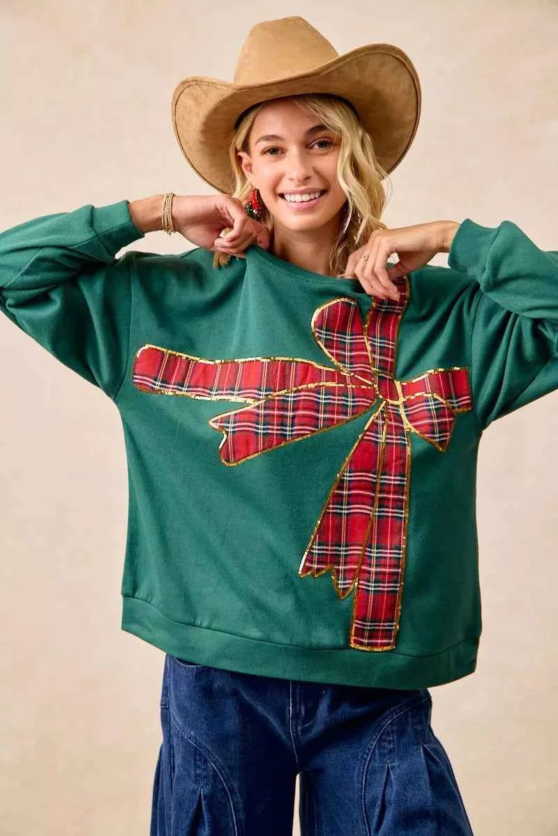 BiBi Plaid Ribbon Bow Detail Christmas Fleece Women's Sweatshirt