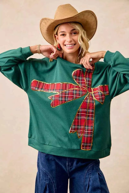BiBi Plaid Ribbon Bow Detail Christmas Fleece Women's Sweatshirt