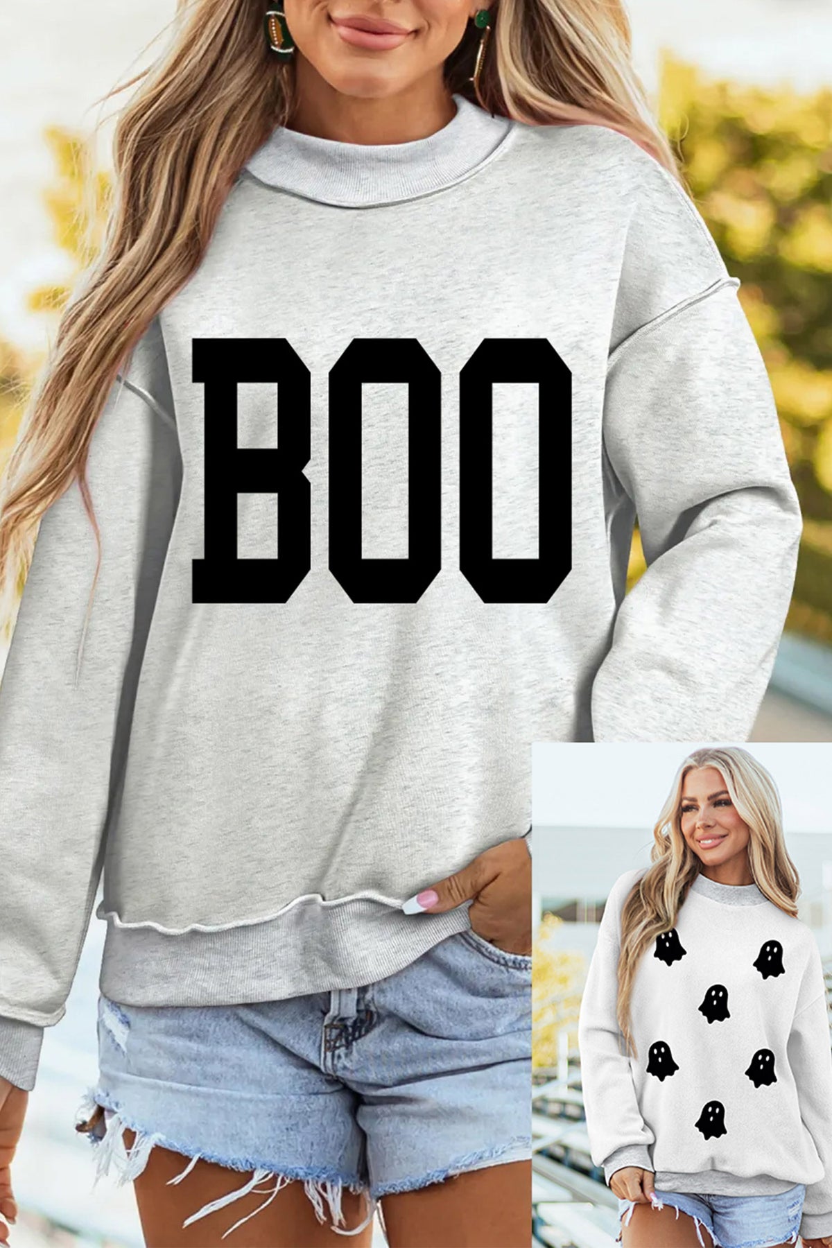 Light Grey Halloween Boo Ghost Reversible Sweatshirt