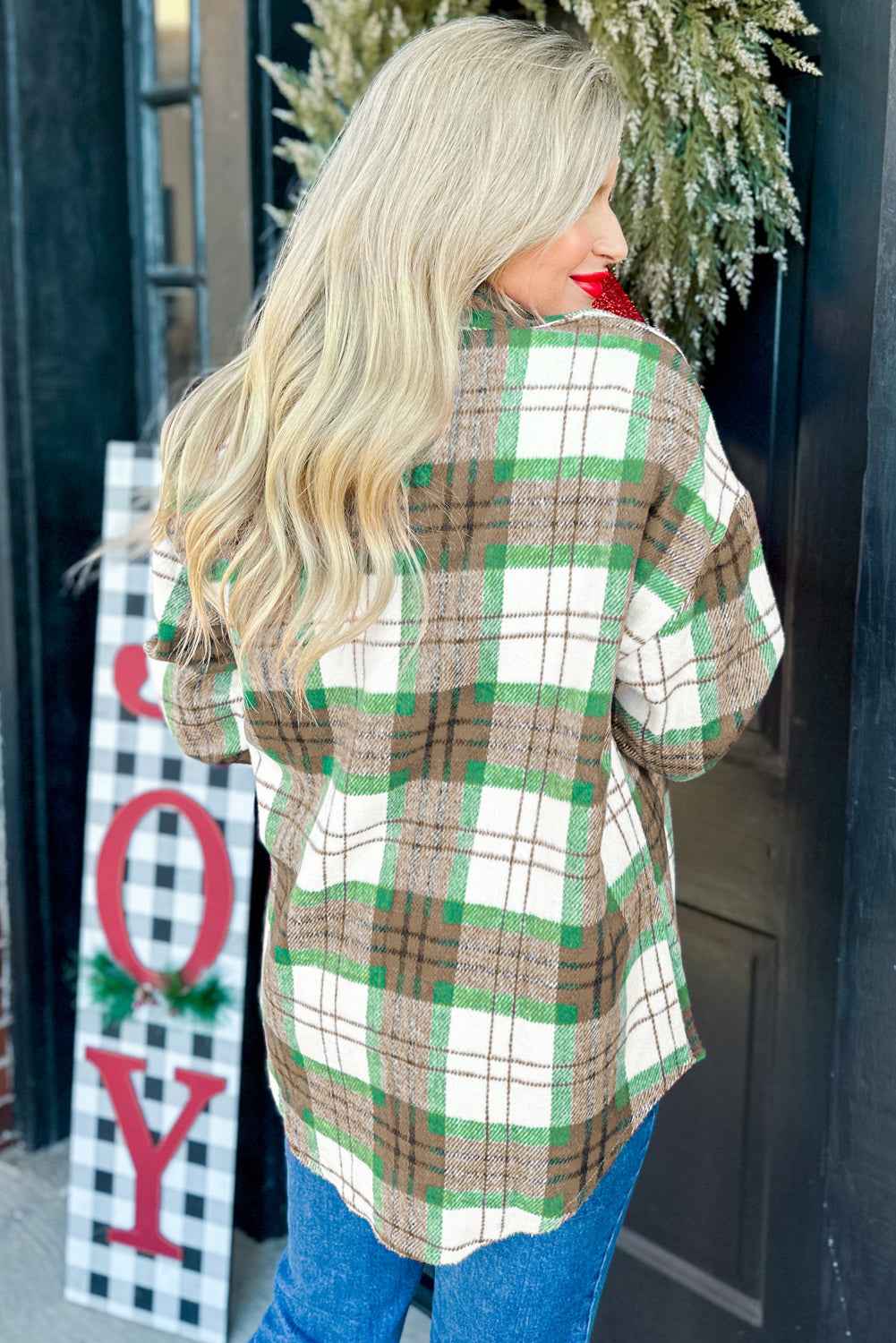 Rose Christmas Plaid Flannel Shacket for Cozy Winter Casual Wear