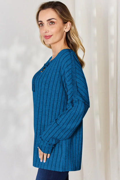 Basic Bae Full Size Ribbed Half Button Long Sleeve Women's T-Shirt - The Eggy's store