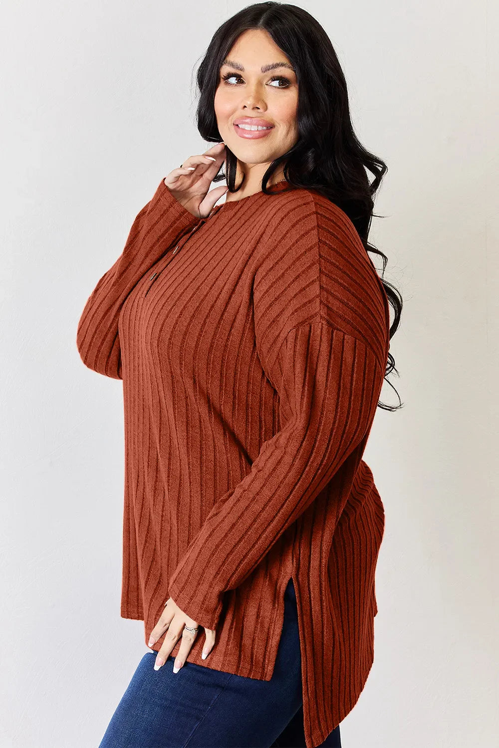 Basic Bae Full Size Ribbed Half Button Long Sleeve High-Low Women's T-Shirt - The Eggy's store