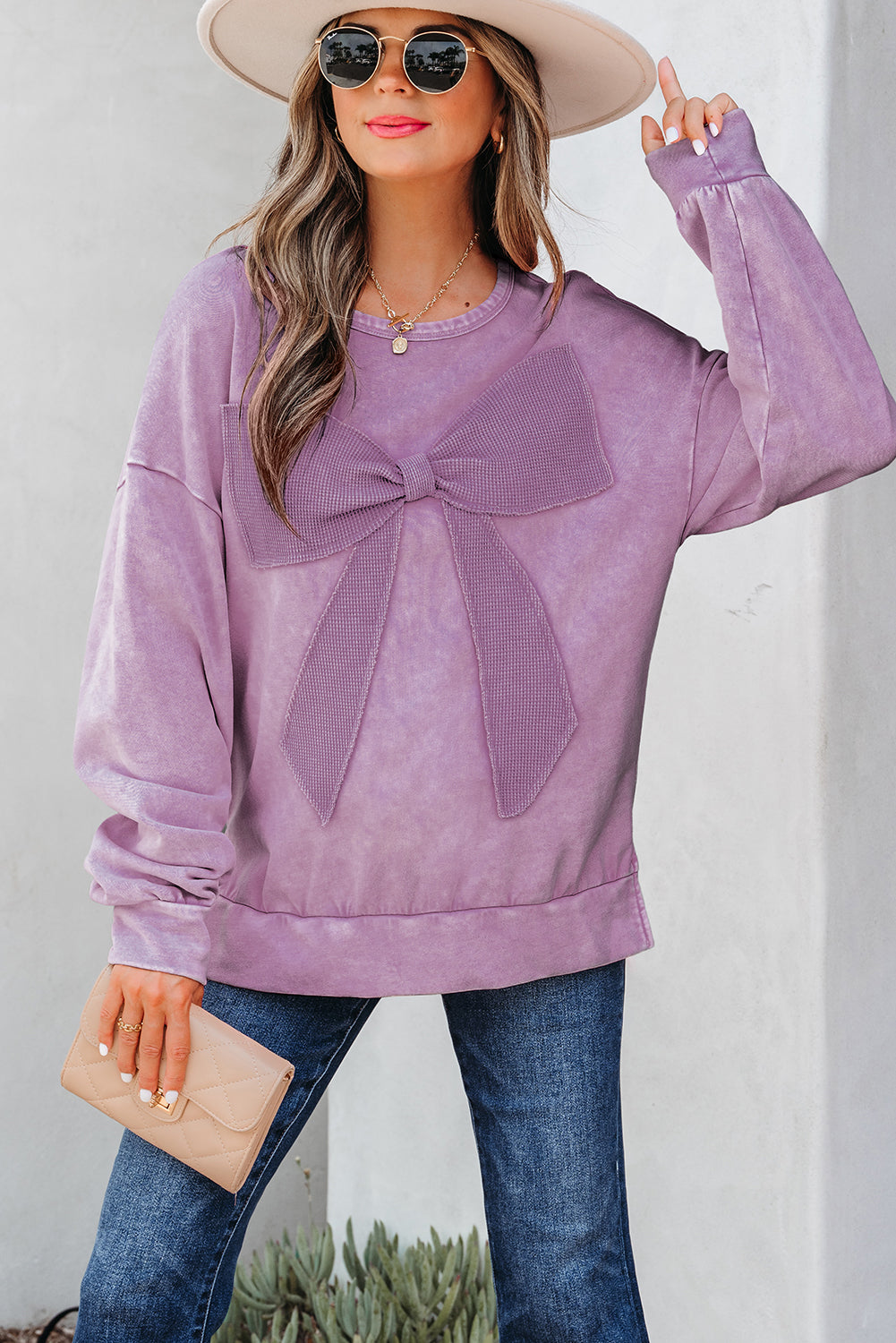 Light French Beige Mineral Wash Big Bow Patchwork Pullover Women's Sweatshirt