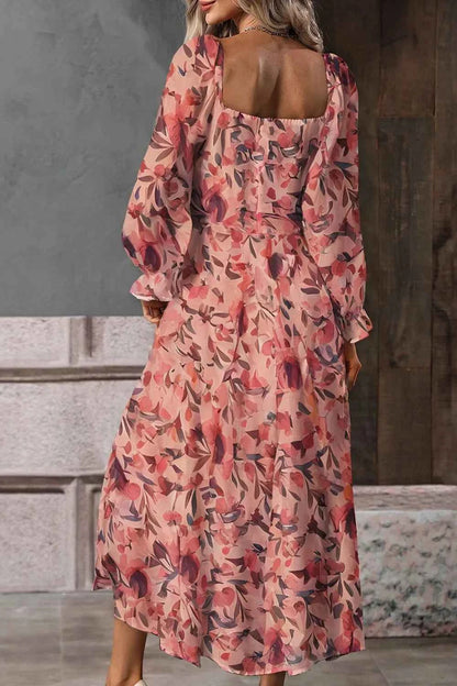 Floral Print Flounce Sleeve Midi Dress