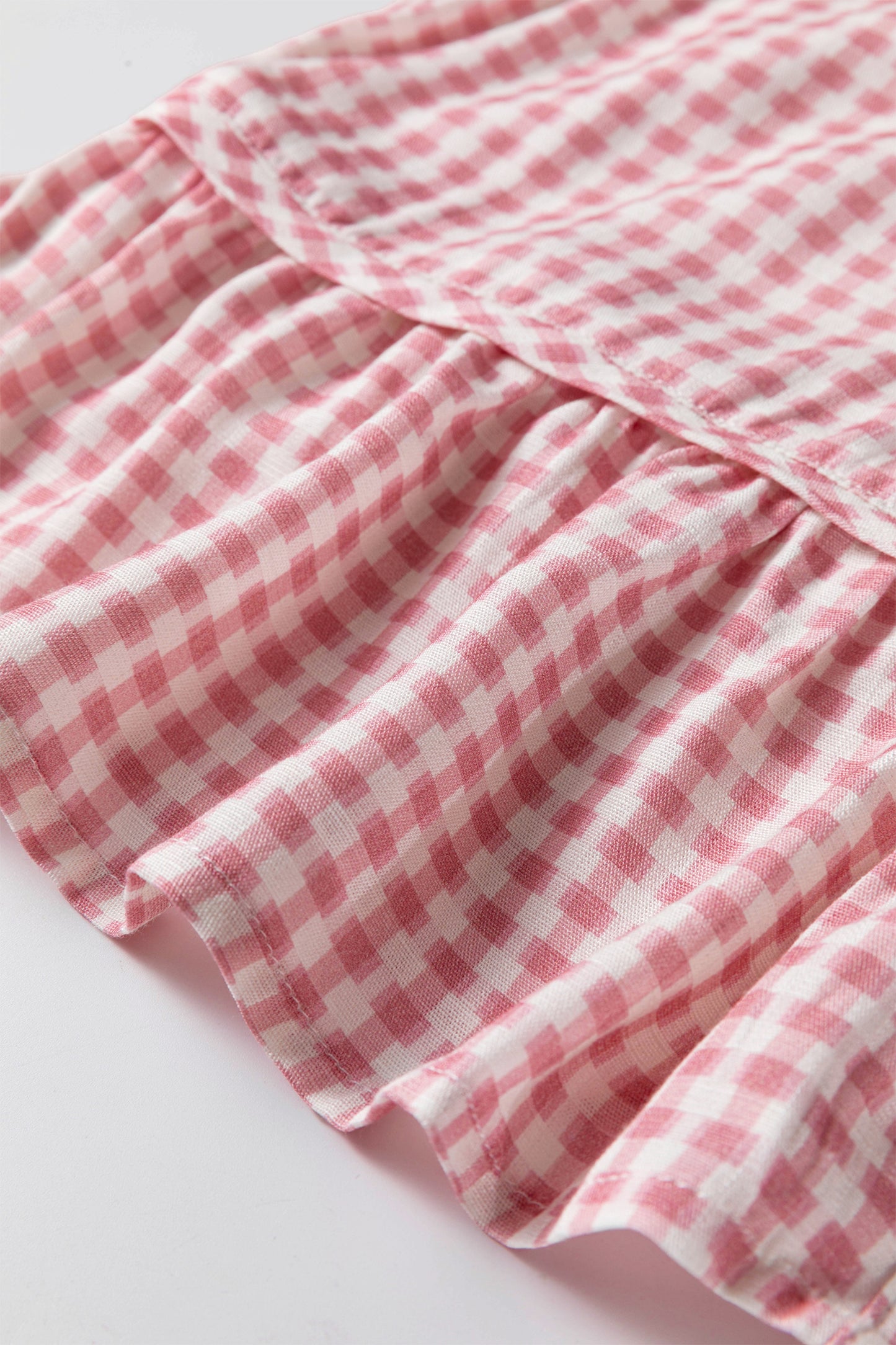 Pink Plaid Half Sleeve Ruffle Hem Button Down Blouse