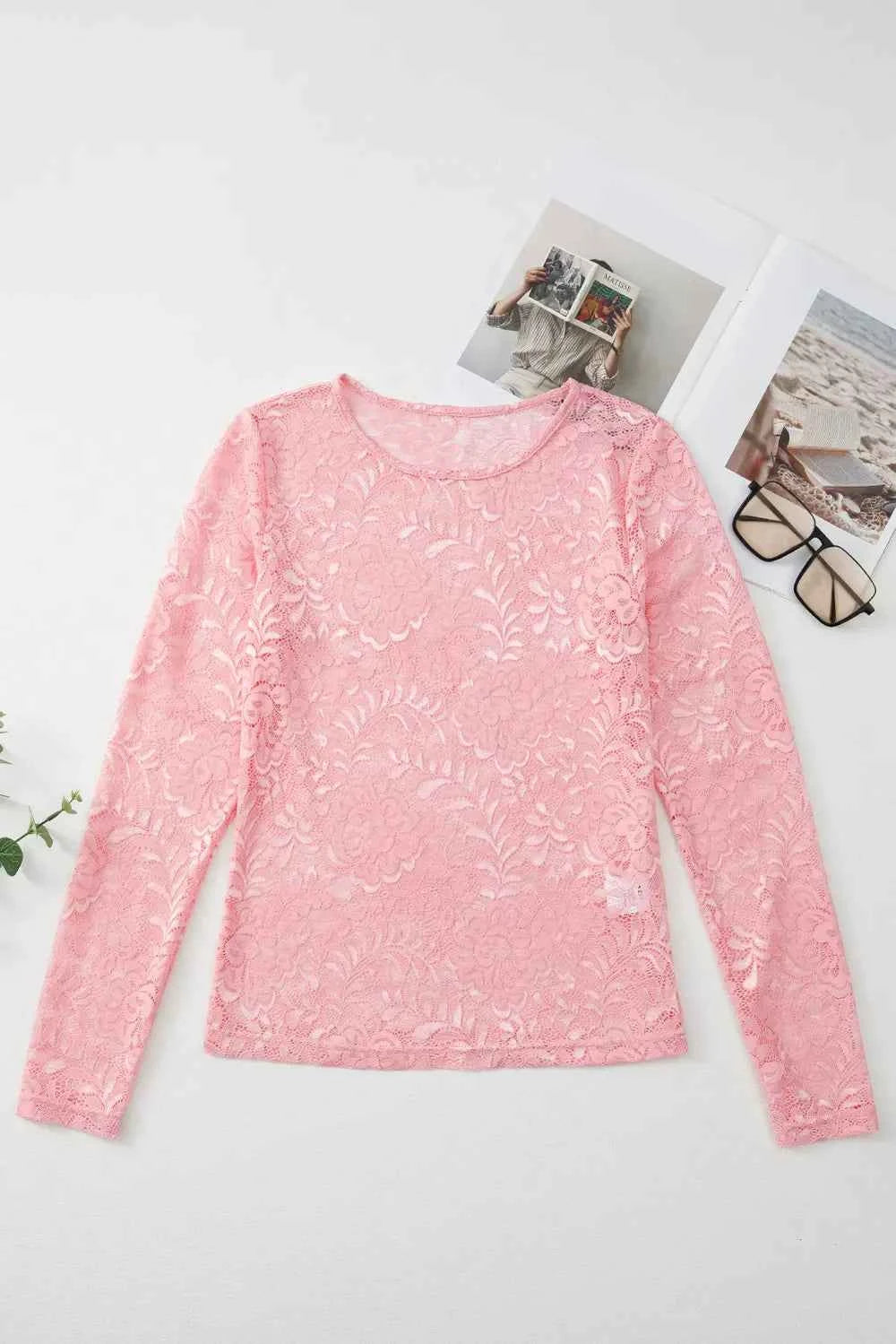 Lace Flower Round Neck Long Sleeve Women's Top