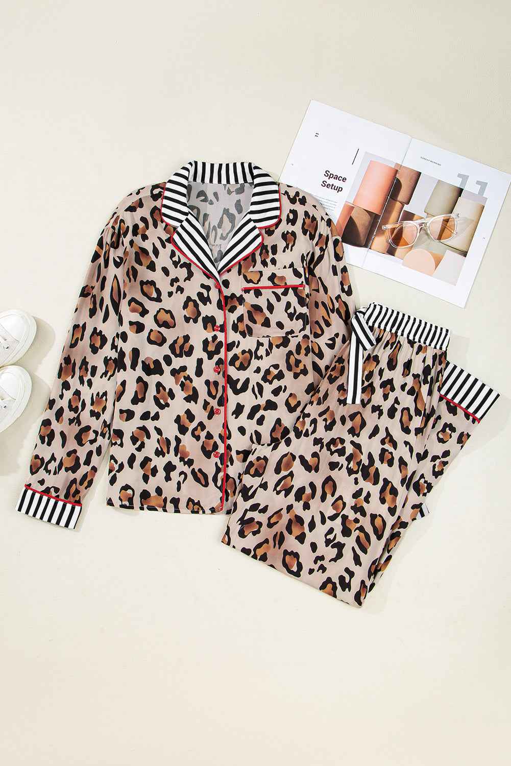Leopard Colorblock Stripe Edge Shirt and Pants Pajama Set