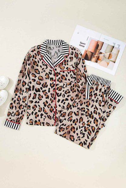 Leopard Colorblock Stripe Edge Shirt and Pants Pajama Set